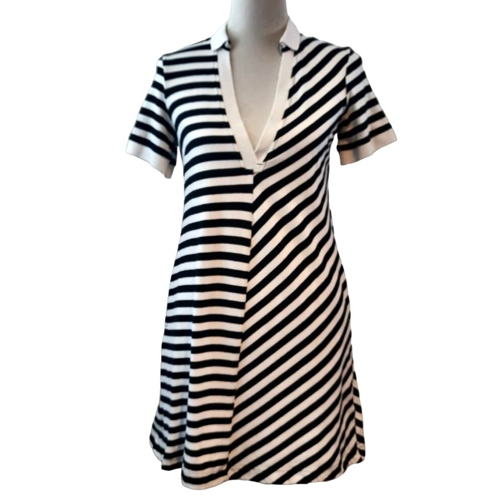 Maeve Anthropologie Womens Size XS Black White Rugby Striped V-Neck Polo Dress
